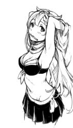 Rule 34 | 1girl, armpits, bare shoulders, bikini, bikini skirt, breasts, cleavage, commentary, greyscale, hair flaps, hair ribbon, hands up, haoni, kantai collection, looking at viewer, looking to the side, monochrome, mouth hold, pleated skirt, ribbon, scarf, simple background, skirt, solo, standing, swimsuit, white background, yuudachi (kancolle), yuudachi kai ni (kancolle)