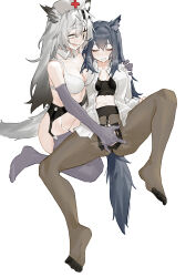 Rule 34 | 2girls, :d, absurdres, animal ears, arknights, ass, black bra, black hair, black pantyhose, blush, bra, breasts, cleavage, closed eyes, detached collar, elbow gloves, fingering, garter belt, garter straps, gloves, grey eyes, grey gloves, grey hair, grey thighhighs, hat, highres, lappland (arknights), long hair, medium breasts, multiple girls, navel, nurse cap, open mouth, pantyhose, renxzd, scar, simple background, smile, spread legs, sweat, tail, teeth, texas (arknights), thighhighs, torn clothes, underwear, white background, white bra, wolf ears, wolf tail, yuri