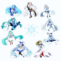 Rule 34 | 6+girls, absurdres, ahoge, aqua eyes, aqua hair, aqua nails, bare shoulders, beamed eighth notes, bell, belt, black gloves, black skirt, bloomers, blouse, blue bow, blue dress, blue eyes, blue gloves, blue hair, blue legwear, blue mittens, blue nails, blue ribbon, blue skirt, blue sleeves, blush, boots, bow, bubble skirt, capelet, character name, cherry, cloak, closed eyes, coat, constellation print, detached sleeves, dress, eighth note, everyone, expressionless, fingerless gloves, flower, folding fan, food, fruit, full body, fur-trimmed boots, fur-trimmed coat, fur trim, gem, gemini (constellation), gloves, goggles, grey legwear, grey sleeves, grin, hair flower, hair ornament, hair ribbon, hairband, hand fan, hand to own mouth, hand up, hands up, hat, hat bow, hat leaf, hatsune miku, headset, highres, holding, holding fan, holding flower, holding instrument, holding shovel, holding umbrella, holding wand, hood, hooded kimono, instrument, jacket, japanese clothes, jingle bell, kagura suzu, kimono, knee up, large hat, layered dress, leaf, light blue hair, light blush, lily of the valley, long hair, looking at viewer, looking to the side, magician, miniskirt, mittens, mizuamemochimochi, multiple girls, musical note, musical note print, nail polish, neck ribbon, necktie, oil-paper umbrella, one eye closed, open mouth, outstretched arm, owl ears, pantyhose, parted lips, petticoat, pleated skirt, quarter note, reaching, reaching towards viewer, ribbon, sandals, scarf, shiromuku, shirt, shovel, silver skirt, sitting, ski gear, ski goggles, skirt, smile, snow globe, snowbell (flower), snowboard, snowflake ornament, snowflake print, snowflakes, staff (music), standing, star (symbol), star hair ornament, star ornament, star print, striped legwear, striped ribbon, surprised, tassel, taurus (constellation), thigh boots, thighhighs, treble clef, twintails, uchikake, umbrella, underwear, very long hair, vocaloid, wand, wariza, white background, white capelet, white cloak, white dress, white eyes, white footwear, white gloves, white hair, white headwear, white jacket, white kimono, white mittens, white scarf, white shirt, white skirt, wide sleeves, witch hat, yellow neckwear, yuki miku, yuki miku (2010), yuki miku (2011), yuki miku (2012), yuki miku (2013), yuki miku (2014), yuki miku (2015), yuki miku (2016), yuki miku (2017), zettai ryouiki, zouri