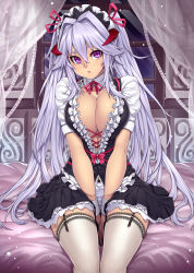 Rule 34 | 1girl, :o, blush, breasts squeezed together, breasts, cleavage, demon girl, demon maid (houtengeki), dress, frills, garter straps, hair intakes, highres, horns, houtengeki, large breasts, long hair, looking at viewer, maid, maid headdress, original, purple eyes, purple hair, ribbon, sitting, skirt, solo, thighhighs, v arms, very long hair, white thighhighs