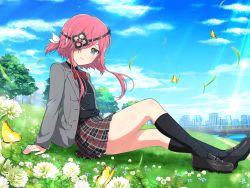 Rule 34 | 1girl, ankle socks, blue eyes, bridge, bug, butterfly, city, day, eyepatch, flower, grass, hair ribbon, insect, kazakiri (senran kagura), looking at viewer, official art, on ground, one eye covered, pink hair, ribbon, school uniform, senran kagura, senran kagura new link, shoes, short hair, smile, socks, sunlight, twintails