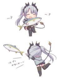 Rule 34 | 1girl, nanashi inc., :d, ^ ^, animal, ayasaka, black shorts, black thighhighs, blush, boots, closed eyes, commentary request, crossed legs, demon girl, demon horns, demon tail, fish, garter straps, grey hair, grey hoodie, holding, holding animal, holding fish, honey strap, hood, hood down, hoodie, horns, invisible chair, japanese amberjack, knee boots, long hair, long sleeves, multiple views, music, musical note, open mouth, short shorts, shorts, side ponytail, sidelocks, simple background, singing, sitting, smile, sougetsu eli, tail, thighhighs, throwing, translation request, virtual youtuber, white background
