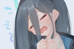 Rule 34 | 1girl, aris (blue archive), black headband, blue archive, blue eyes, blue hair, blush, closed eyes, commentary, eyebrows hidden by hair, headband, long hair, open mouth, own hands together, school uniform, side ponytail, solo, sweatdrop, tachibana shiori (suica 112), translation request, upper body, very long hair
