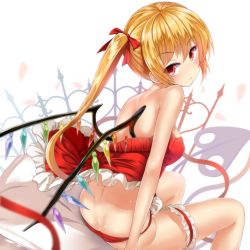 Rule 34 | 1girl, album cover, ass, back, bad anatomy, bad id, bad pixiv id, bare arms, bare shoulders, blonde hair, butt crack, corsage, cover, flandre scarlet, hair ribbon, highres, laevatein, lani (pink  pink), bridal garter, long hair, looking at viewer, looking back, no pants, panties, petals, red eyes, red panties, ribbon, side ponytail, sitting, solo, thigh strap, touhou, underwear, very long hair, wings
