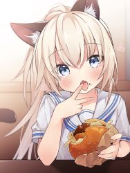 Rule 34 | 1girl, animal ear fluff, animal ears, bad id, bad pixiv id, blade &amp; soul, blonde hair, blue eyes, blurry, blurry background, blush, burger, cat ears, cat girl, cat tail, commentary request, depth of field, fangs, food, food on face, hair between eyes, head tilt, holding, holding food, long hair, looking at viewer, ponytail, sailor collar, school uniform, serafuku, shirt, short sleeves, solo, tail, tail raised, tongue, tongue out, tsuka, upper body, white sailor collar, white shirt