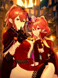 Rule 34 | 2girls, absurdres, anna (fire emblem), anna (fire emblem engage), belt, black cape, black gloves, brown belt, buttons, cape, closed mouth, commentary request, dress, finger to mouth, fire emblem, fire emblem awakening, fire emblem engage, fire emblem heroes, gloves, grin, hair between eyes, hair ornament, halloween, halloween costume, high collar, highres, index finger raised, long hair, long sleeves, looking at viewer, multiple girls, nintendo, official alternate costume, ponytail, red cape, red dress, red eyes, red hair, s n reon, siblings, sisters, sitting, smile, star (symbol), teeth, two-tone dress, white dress
