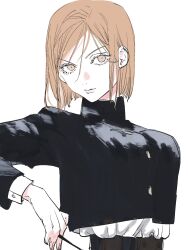 1girl bob_cut brown_eyes brown_hair closed_mouth commentary cropped_jacket gakuran highres holding holding_nail jujutsu_kaisen kugisaki_nobara nail nail_(hardware) needbee_r school_uniform shirt_tucked_in simple_background solo swept_bangs upper_body white_background