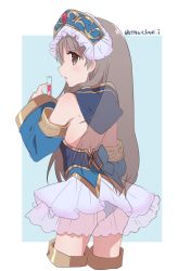 Rule 34 | 1girl, ass, atelier (series), atelier totori, bare shoulders, blue sleeves, brown eyes, brown hair, detached sleeves, dress, hair ornament, haruna (citrus love i), highres, long hair, looking at viewer, open mouth, skirt, solo, thighhighs, totooria helmold