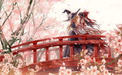 Rule 34 | 2girls, black dress, bow, bridge, cherry blossoms, couple, detached sleeves, dress, closed eyes, kissing forehead, hair bow, hair tubes, hakurei reimu, hat, hat bow, kirisame marisa, kiss, kissing forehead, lingcat, long hair, long sleeves, multiple girls, petals, red dress, scarf, touhou, tree, wide sleeves, witch hat, yuri