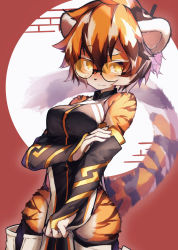 Rule 34 | absurdres, animal ears, arknights, bad id, bad pixiv id, breasts, bridal gauntlets, china dress, chinese clothes, covering crotch, covering privates, dress, furry, furry female, glasses, highres, multicolored hair, orange-tinted eyewear, orange-tinted glasses, pelvic curtain, round eyewear, streaked hair, sunglasses, tab head, tail, tiger ears, tiger girl, tiger stripes, tiger tail, tinted eyewear, waai fu (arknights)