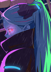 Rule 34 | 1girl, a f, absurdres, bad id, bad pixiv id, blue hair, blue skin, colored sclera, colored skin, commentary request, cyberpunk, cyberpunk (series), cyberpunk edgerunners, cyborg, glowing, glowing eye, highres, jacket, looking at viewer, looking to the side, mechanical parts, neon lights, rain, rebecca (cyberpunk), red eyes, red sclera, samurai jacket (cyberpunk), solo, twintails