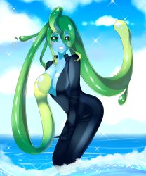 Rule 34 | 10s, 1girl, absurdres, ahoge, blue skin, blush, bodysuit, breast slip, breasts, cloud, colored skin, covering privates, covering one breast, day, diving suit, green eyes, green hair, grin, highres, long hair, looking at viewer, magpii, matching hair/eyes, medium breasts, monster girl, monster musume no iru nichijou, ocean, one breast out, outdoors, sky, slime girl, smile, solo, suu (monster musume), tentacle hair, transparent, very long hair, wading, water, wetsuit