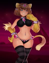 Rule 34 | 1girl, absurdres, adeline leona, animal ear fluff, animal ears, animal hands, blue eyes, blush, bob cut, bra, bracelet, breasts, brown hair, cat claws, cat ears, cat paws, cat tail, claws, corruption, dark-skinned female, dark demon realm (monster girl encyclopedia), dark skin, demon realm (monster girl encyclopedia), desert, diadem, egyptian, egyptian clothes, female focus, harem outfit, highres, jewelry, lion claws, lion ears, lion paws, lion tail, monster girl, monster girl encyclopedia, navel, night, outdoors, panties, pyramid (structure), red sky, revealing clothes, short hair, silver, sky, smile, solo, sphinx (monster girl encyclopedia), star (sky), starry sky, tail, teeth, the lost kingdoms of the desert (monster girl encyclopedia), tiara, underwear