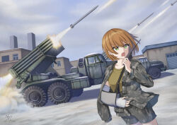 Rule 34 | 1girl, arm out of sleeve, arm sling, artillery, bm-21, breasts, brown hair, building, camouflage, camouflage jacket, camouflage shorts, day, dutch angle, explosive, green eyes, grey sky, hair between eyes, holding, holding walkie-talkie, jacket, kaungmyat naing, long sleeves, looking to the side, medium breasts, military, military truck, military uniform, military vehicle, motor vehicle, open mouth, original, outdoors, rocket launcher, shirt, shorts, sky, sleeve, smoke, solo, t-shirt, talking, truck, uniform, walkie-talkie, war, weapon, yellow shirt
