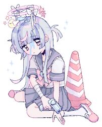 Rule 34 | 1girl, arm at side, bandaged arm, bandages, black choker, blood, blood on face, blue blood, blunt bangs, blunt ends, bow, choker, closed mouth, commentary request, crescent, fish hat ornament, frilled sailor collar, frills, full body, grey hair, grey skirt, gun, halo, handgun, head tilt, highres, holding, holding gun, holding weapon, long hair, looking at viewer, multicolored footwear, multicolored hair, original, pink bow, pink eyes, pink footwear, pink hair, pink halo, pixel art, pleated skirt, sailor collar, shirt, shirt bow, shizumu (shi zumu), shoes, short sleeves, short twintails, sidelocks, sitting, skirt, socks, solo, sparkle, star (symbol), streaked hair, traffic cone, twintails, two-tone footwear, wariza, weapon, white background, white bow, white footwear, white shirt, white socks