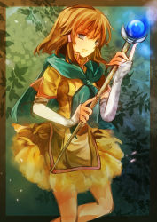 Rule 34 | 1girl, bad id, bad pixiv id, brown hair, elbow gloves, fire emblem, fire emblem: path of radiance, fire emblem: radiant dawn, gloves, green eyes, hair tubes, mist (fire emblem), nintendo, open mouth, sakuno shion, short hair, skirt, solo, staff, white gloves