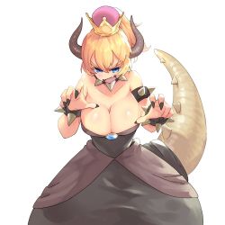 Rule 34 | armlet, black dress, blonde hair, blue eyes, bowsette, breasts, claw pose, claws, cleavage, collar, crown, dress, large breasts, mario (series), nintendo, open mouth, ponytail, sharp teeth, shimazaki1152, simple background, spiked collar, spikes, super crown, tail, teeth, white background