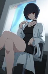 Rule 34 | 1girl, absurdres, black choker, black dress, black hair, choker, closed mouth, coat, collarbone, crossed legs, daydarion, desk, dress, highres, jewelry, long sleeves, looking at viewer, medium hair, necklace, on chair, open clothes, open coat, persona, persona 5, red eyes, sitting, smile, solo, spiked choker, spikes, takemi tae, white coat, x-ray film