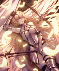 Rule 34 | 1girl, absurdly long hair, arm up, armor, armored boots, armored dress, banner, black thighhighs, blonde hair, blunt bangs, boots, breasts, breasts apart, brown eyes, cecil86, dress, fate/apocrypha, fate (series), feathers, from above, fur trim, gauntlets, highres, holding, holding weapon, jeanne d&#039;arc (fate), jeanne d&#039;arc (ruler) (fate), jeanne d&#039;arc (third ascension) (fate), large breasts, long hair, looking at viewer, lying, on back, open mouth, smile, solo, sword, thigh boots, thighhighs, very long hair, weapon, white dress