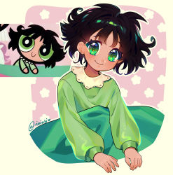 Rule 34 | 1girl, black hair, buttercup (ppg), buttercup redraw challenge (meme), derivative work, green pajamas, highres, inioli, long sleeves, looking at viewer, medium hair, meme, messy hair, outline, pajamas, powerpuff girls, reference inset, screenshot inset, screenshot redraw, smile, solo, twitter username, upper body, white outline