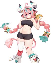 1girl ahoge black_shorts braid breasts food genshin_impact highres holding holding_food horns large_breasts long_hair looking_at_viewer navel non-web_source pink_hair shorts simple_background solo strapless tail thick_thighs thighs third-party_edit tube_top twin_braids varesa_(genshin_impact)