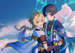 Rule 34 | 2boys, aether (genshin impact), ahoge, artist name, back, belt, black belt, black gloves, black shirt, black shorts, blonde hair, blue cape, blue gemstone, blue sky, blunt ends, bow, braid, brown eyes, brown gloves, brown pants, brown shirt, cape, closed mouth, cloud, cloudy sky, collarbone, covered collarbone, elbow gloves, eyeshadow, feather hair ornament, feathers, fingerless gloves, fingernails, flying, gem, genshin impact, gloves, gold trim, hair between eyes, hair ornament, hand up, hands up, holding, holding hands, leaf, long hair, looking at another, looking to the side, makeup, male focus, mandarin collar, multiple boys, no headwear, open clothes, open mouth, open vest, outdoors, pants, pom pom (clothes), purple belt, purple bow, purple eyes, purple hair, red eyeshadow, rowya, scaramouche (genshin impact), scarf, shirt, short hair, short sleeves, shorts, sky, sleeveless, sleeveless shirt, smile, tassel, teeth, tongue, vest, vision (genshin impact), wanderer (genshin impact), watermark, white scarf, white vest, yaoi