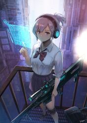 Rule 34 | 1girl, absurdres, anti-materiel rifle, artist name, balcony, black bag, black footwear, black skirt, bow, bowtie, breast pocket, building, closed mouth, collared shirt, commentary request, foot out of frame, glint, grey hair, gun, hair ornament, hand up, headphones, highres, holding, holding gun, holding weapon, holographic interface, index finger raised, knee pads, looking at viewer, miniskirt, original, pleated skirt, pocket, purple bow, purple bowtie, purple eyes, railing, rifle, school uniform, scope, shirt, shoes, short hair, single knee pad, skirt, sleeves past elbows, sniper rifle, solo, standing, weapon, white shirt, x hair ornament, yappo (point71)