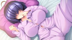 Rule 34 | 1girl, ahoge, bed, blue hair, blush, breasts, button gap, embarrassed, female focus, from above, game cg, groin, hair over eyes, hands up, indoors, large breasts, legs, lying, mashimo saaya, mekakure, produce! ~uchiki na osananajimi no sugao wo mite mitai!~, on bed, original, pajamas, pillow, short hair, solo, spread legs, thighs, urute