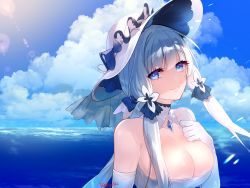 Rule 34 | 1girl, artist name, azur lane, bad id, bad pixiv id, bare shoulders, blue eyes, breasts, cleavage, closed mouth, cloud, cloudy sky, dress, elbow gloves, florists daisy, gloves, hand on own chest, highres, illustrious (azur lane), large breasts, long hair, looking at viewer, ocean, silver hair, simple background, sky, smile, solo, white dress, white gloves, white headwear