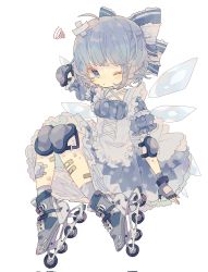 Rule 34 | 1girl, alternate costume, blue bow, blue dress, blue eyes, blue gloves, blue hair, blush, bow, cirno, closed mouth, corrupted twitter file, detached wings, dress, fairy, fingerless gloves, frilled sleeves, frills, full body, gloves, hair bow, highres, ice, ice wings, nikorashi-ka, one eye closed, pout, roller skates, short hair, short sleeves, simple background, skates, solo, touhou, white background, wings