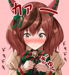 Rule 34 | 1girl, animal ears, blush, bow, brown dress, brown eyes, commentary request, dress, ear covers, frown, green bow, hair bow, horse ears, horse girl, juliet sleeves, kuroganeruto, long sleeves, multicolored hair, nice nature (umamusume), pink background, puffy sleeves, red bow, red hair, simple background, solo, streaked hair, striped, striped bow, umamusume, upper body, white hair