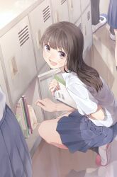 Rule 34 | 12 graka, 1boy, 3girls, :d, absurdres, bag, black hair, black pants, black socks, blue skirt, blush, book, brown eyes, brown hair, collared shirt, commentary request, from side, highres, holding, holding book, locker, long hair, looking at viewer, looking to the side, multiple girls, open mouth, original, pants, paper bag, pleated skirt, school uniform, shirt, shoes, short sleeves, skirt, smile, socks, solo focus, squatting, uwabaki, white footwear, white shirt