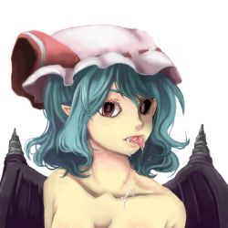 Rule 34 | 1girl, bat wings, black sclera, blue hair, bow, colored eyelashes, colored sclera, creepy, fangs, female focus, hat, hat bow, horror (theme), mismatched sclera, natsukawa miyabi, nude, pink eyes, pointy ears, portrait, remilia scarlet, saliva, solo, tongue, touhou, upper body, vampire, wings