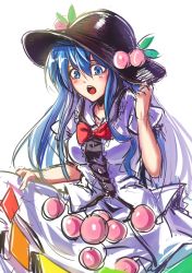 Rule 34 | 1girl, :o, apron, black hat, blouse, blue dress, blue eyes, blue hair, blush, bow, bowtie, breasts, buttons, dress, food, fruit, hat, highres, hinanawi tenshi, koissa, long hair, looking at viewer, matching hair/eyes, open mouth, peach, rainbow order, shirt, short sleeves, simple background, sketch, skirt basket, skirt hold, solo, teeth, touhou, upper body, white background, white shirt