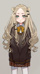 Rule 34 | 1girl, abigail williams (fate), absurdres, bad id, bad twitter id, black bow, blonde hair, blue eyes, blush, bow, bowtie, brown skirt, candy, collar, commentary, curly hair, double bun, english commentary, fate/grand order, fate (series), food, food in mouth, forehead, hair bow, hair bun, highres, lollipop, long hair, long sleeves, looking at viewer, multiple hair bows, pantyhose, parted bangs, school uniform, sidelocks, skirt, sleeves past wrists, solo, standing, sweater, white pantyhose, yellow bow, yuu (higashi no penguin)