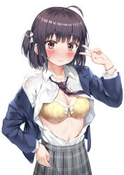 Rule 34 | 1girl, absurdres, ahoge, black hair, blazer, blue jacket, blush, bra, breasts, brown eyes, cleavage, closed mouth, collared shirt, dress shirt, grey skirt, hand on own hip, hand up, highres, jacket, long sleeves, looking at viewer, medium breasts, nedia (nedia region), off shoulder, one side up, open clothes, open shirt, original, pleated skirt, shirt, shirt tucked in, short hair, simple background, skirt, solo, underwear, v, white background, yellow bra