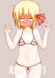 Rule 34 | 1girl, blonde hair, blush, embarrassed, full-face blush, grey background, hair ribbon, highres, looking down, midriff, navel, nipples, red eyes, ribbon, rumia, short hair, simple background, solo, stomach, sweatdrop, takorice, touhou, wide-eyed