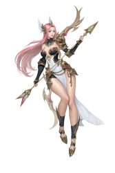 Rule 34 | 1girl, arrow (projectile), bare shoulders, black gloves, blue eyes, bow (weapon), breasts, cheolseung ok, cleavage, clothes between thighs, detached collar, elbow gloves, fingerless gloves, full body, gloves, highres, holding, holding arrow, long hair, looking at viewer, md5 mismatch, medium breasts, original, pink hair, resolution mismatch, simple background, solo, source larger, standing, very long hair, weapon, white background
