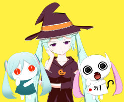 Rule 34 | 3girls, absurdres, aimaina, alternate costume, aqua hair, black eyes, black hair, closed mouth, commentary request, doushite-chan, hat, hatsune miku, highres, jewelry, long hair, looking at viewer, multiple girls, necklace, oblivious pumpkin (vocaloid), open mouth, pink hair, pinocchio-p, purple eyes, red eyes, twintails, very long hair, vocaloid, witch hat
