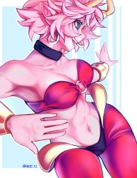 1girl absurdres ashido_mina bare_shoulders boku_no_hero_academia breasts collarbone colored_skin cosplay cowboy_shot earrings hhholic highres jewelry large_breasts navel pants pink_hair pink_skin pointy_ears red_pants red_tube_top shantae shantae_(cosplay) shantae_(series) short_hair solo strapless tube_top