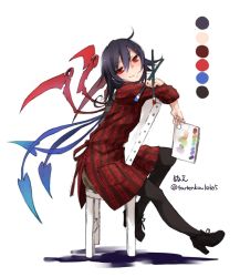 Rule 34 | 1girl, alternate costume, asymmetrical wings, black hair, black pantyhose, blush, boots, chair, color guide, contemporary, full body, high heels, houjuu nue, long sleeves, looking at viewer, paintbrush, pantyhose, red eyes, short hair, simple background, sitting, smile, solo, striped, touhou, toutenkou, twitter username, white background, wings