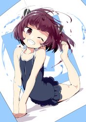 Rule 34 | 1girl, ahoge, barefoot, black one-piece swimsuit, blush, feet, female focus, grin, hair ornament, miniskirt, one-piece swimsuit, one eye closed, short hair, skirt, smile, soles, solo, swimsuit, toes, tottotonero, touhoku kiritan, voiceroid, water