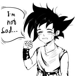 Rule 34 | 1boy, absurdres, bare shoulders, belt, blush, clenched hand, dragon ball, english text, geus (just geus), hand up, highres, medium hair, messy hair, sad, solo, son goku, speech bubble, tears, teeth, upper body