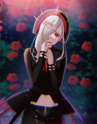Rule 34 | azuma kei, black jacket, black pants, blurry, blurry background, facial mark, flower, hair over one eye, headpiece, highres, jacket, long hair, long sleeves, looking at viewer, nail polish, navel, open mouth, outdoors, pants, red eyes, red nails, solo, standing, veuve elizabeth, visual prison, white hair