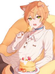 Rule 34 | 1boy, absurdres, animal ears, buttons, cake, cake slice, dog ears, dog tail, food, fork, highres, long sleeves, looking at viewer, male focus, multicolored hair, open mouth, orange hair, paw print, project sekai, shinonome akito, shirt, short hair, streaked hair, tail, yamggu