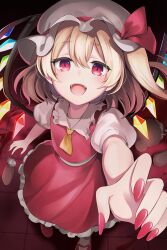 Rule 34 | 1girl, absurdres, ascot, blonde hair, blush, collared shirt, crystal, fingernails, flandre scarlet, hair between eyes, hat, highres, long fingernails, long hair, looking at viewer, mob cap, nail polish, one side up, open mouth, puffy short sleeves, puffy sleeves, red eyes, red footwear, red nails, red skirt, red vest, shirt, shoes, short sleeves, skirt, smile, socks, solo, torimarururu, touhou, vest, white headwear, white shirt, white socks, wings, yellow ascot