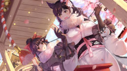 Rule 34 | 2girls, :d, :o, animal, animal ears, atago (azur lane), atago (hallmarks of winter) (azur lane), azur lane, bag, blue eyes, blue sky, blunt ends, blurry, blush, bow, breasts, cherry blossoms, day, depth of field, dog, elbow gloves, flower, frilled sleeves, frills, fur collar, gloves, greyscale, hair bow, hair flaps, hair flower, hair ornament, high ponytail, highres, holding, in bag, in container, japanese clothes, kimono, lantern, large breasts, long sleeves, monochrome, multiple girls, obi, open mouth, outdoors, paper lantern, petals, pink ribbon, red bow, red hair, ribbon, rope, sash, shan-n, shimenawa, sky, smile, spring (season), takao (azur lane), tareme, two-handed, underbust, upper body, white kimono, wide sleeves