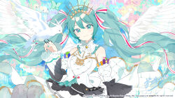 Rule 34 | 1girl, absurdres, aqua eyes, aqua hair, aqua nails, bird, bird on hand, blush, closed mouth, commentary request, copyright name, copyright notice, detached sleeves, frilled sleeves, frills, hair ribbon, hatsune miku, highres, long hair, long sleeves, looking at viewer, nail polish, official art, omutatsu, pleated skirt, project sekai, ribbon, shirt, sidelocks, signature, skirt, sleeveless, sleeveless shirt, smile, solo, twintails, upper body, very long hair, vocaloid, white bird, white shirt, white sleeves