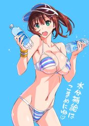 Rule 34 | 1girl, bikini, blue background, bottle, breasts, brown hair, cleavage, commentary request, green eyes, hair ornament, hairclip, highres, large breasts, looking at viewer, navel, open mouth, simple background, solo, standing, striped bikini, striped clothes, suzutsuki kurara, swimsuit