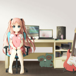 Rule 34 | 1girl, album cover, aoi thomas, barefoot, black shorts, blue eyes, blurry, blush, chair, closed mouth, commentary request, computer, cover, desk, electric guitar, feet, guitar, hair between eyes, hair ornament, hands on lap, highres, instrument, laptop, long hair, looking at viewer, monitor, mouse (computer), office chair, original, pink hair, pink shirt, raglan sleeves, shirt, short shorts, short sleeves, shorts, sitting, smile, solo, speaker, stuffed toy, swivel chair, toenails, two side up, very long hair